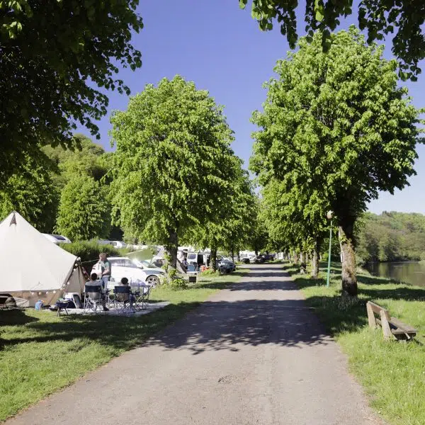 Emplacements de camping sous les arbres le long de la Semois
